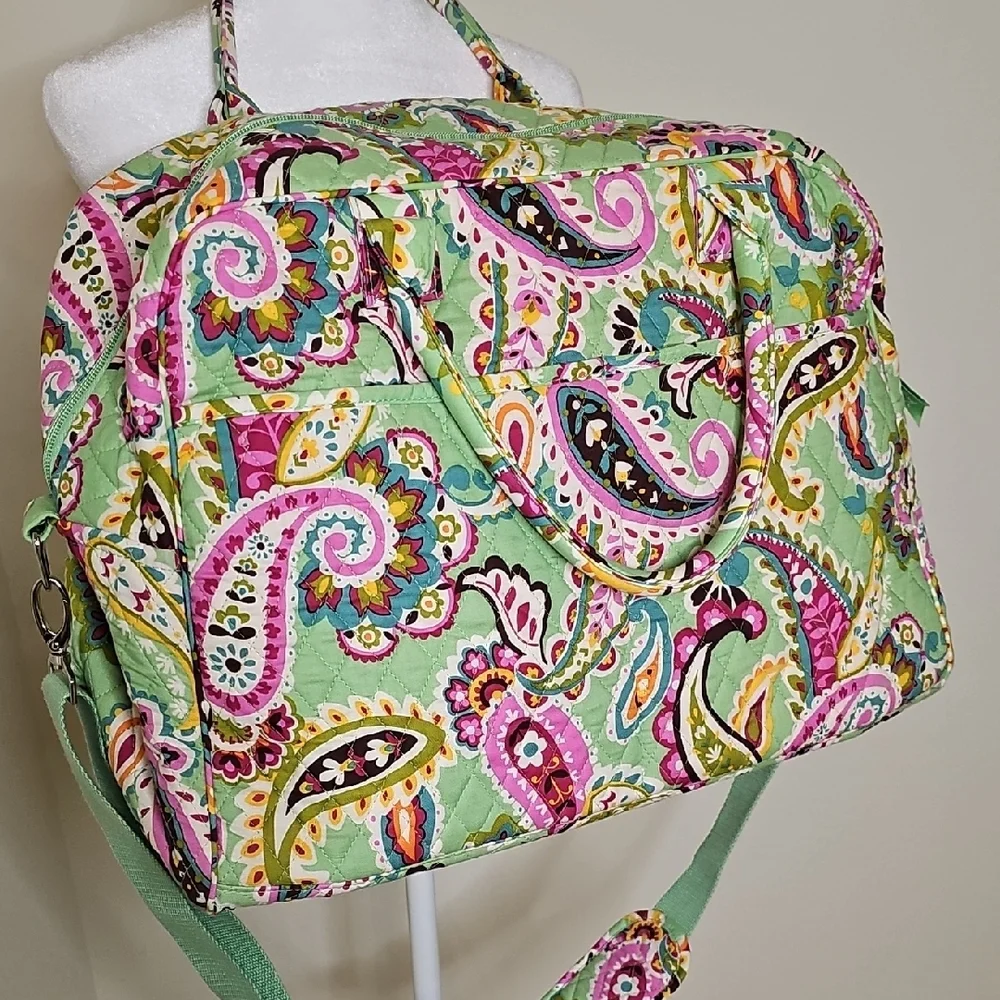 Vera Bradley Large Duffle Weekender Bag Green, Pink Paisley Tutti Frutti Quilted - Picture 2 of 10